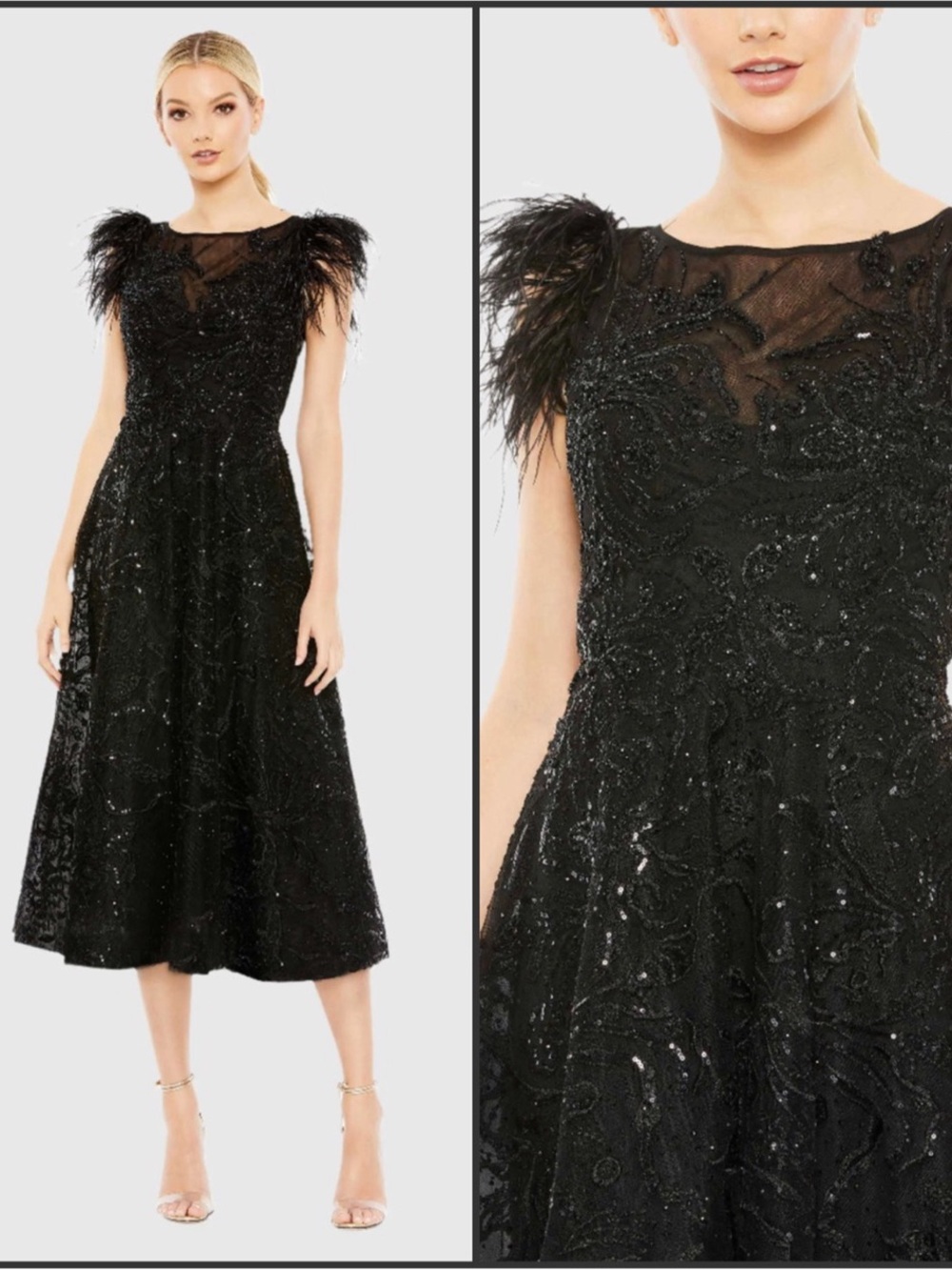 NW0T MAC DUGGAL 20400 Black Feather Shoulder Embellished Dress Size 8